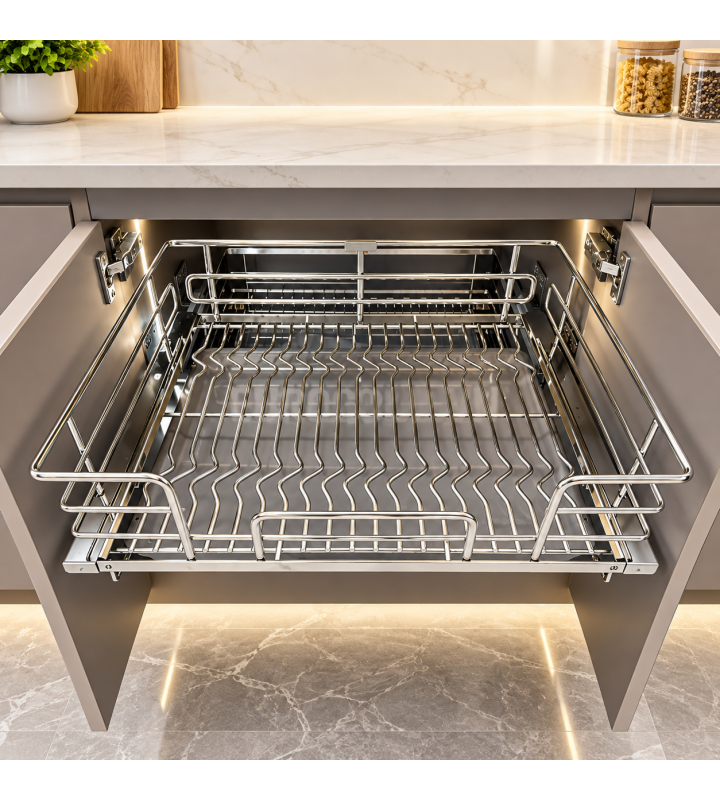 Giá Xoong Nồi Nan Oval Âm Tủ EUROGOLD Inox 304 – Gắn Cánh, Ray Giảm Chấn