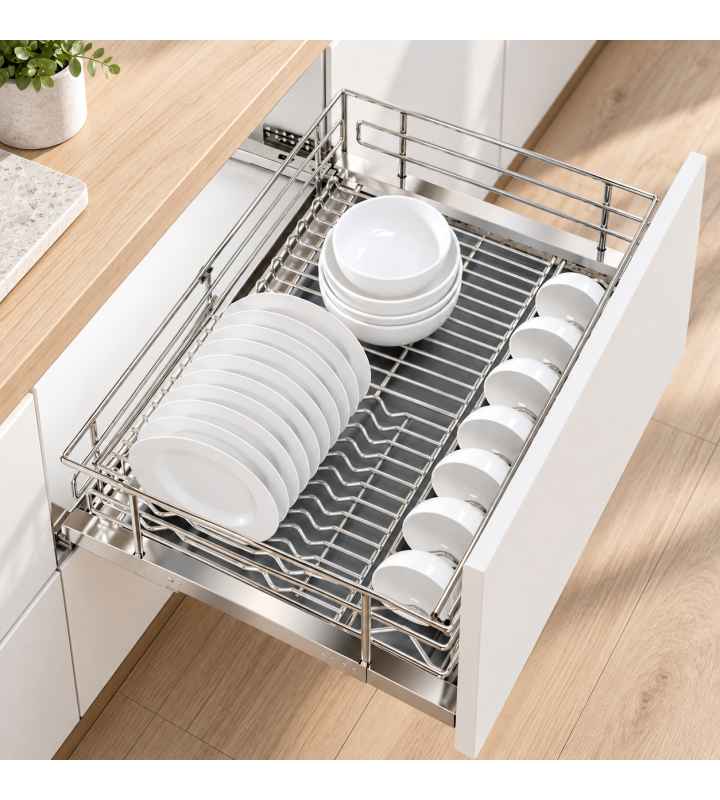 Giá Bát Đĩa Nan Oval Đa Năng Âm Tủ EUROGOLD Inox 304 – Gắn Cánh, Ray Giảm Chấn