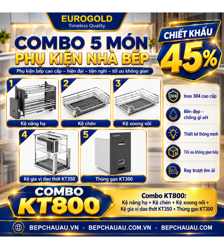 COMBO 5 MÓN PHỤ KIỆN NHÀ BẾP EUROGOLD NAN DẸT – INOX 304 CAO CẤP