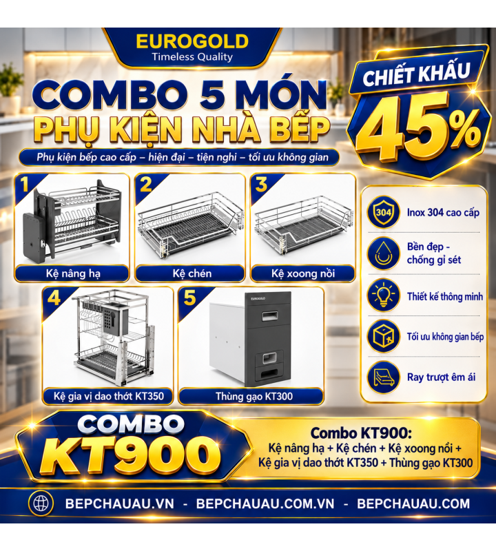 COMBO 5 MÓN PHỤ KIỆN NHÀ BẾP EUROGOLD NAN DẸT – INOX 304 CAO CẤP