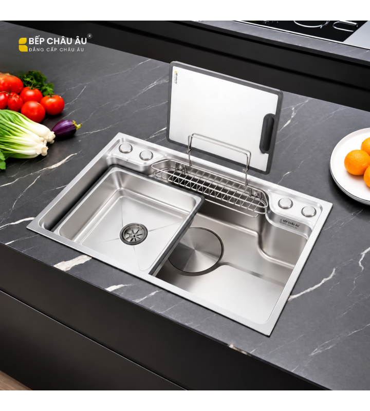 Chậu Rửa Chén Inox Bếp Châu Âu 780x480mm Dày 1.5mm, Chậu Rửa Bát 1 Hố Đa Năng Dập Nguyên Khối Kèm Thớt Rổ Inox