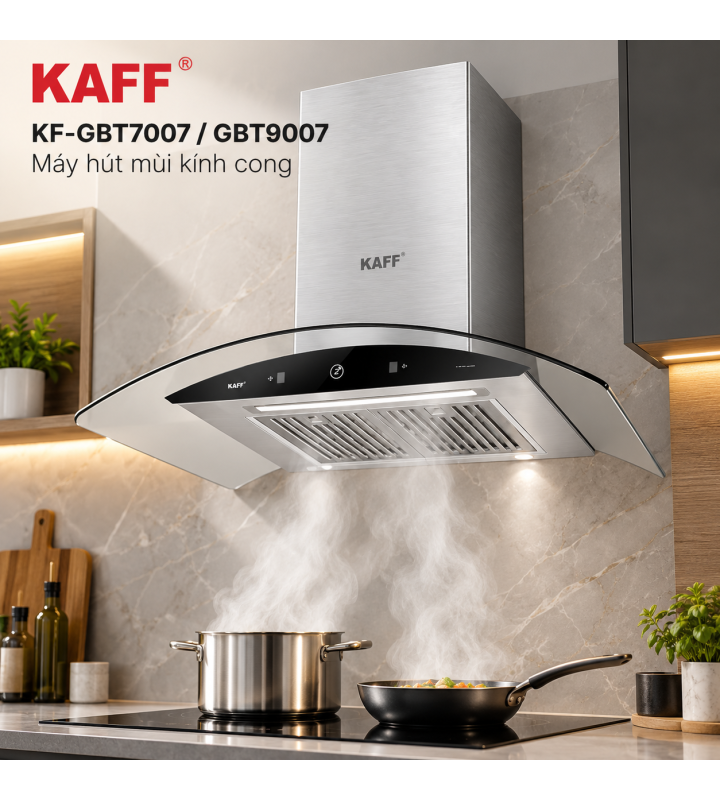 Máy Hút Mùi Kính Cong KAFF KF-GBT7007 / KF-GBT9007 Cảm Ứng Vẫy Tay Booster 1500m³/h