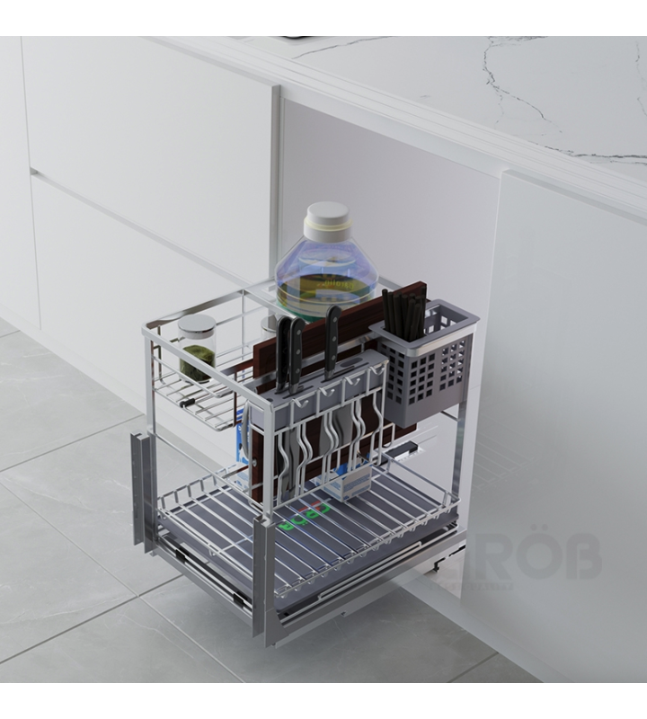 Kệ Đựng Dao Thớt Mix Oval GRÖB Inox SUS304 Xước Mờ – Ray Âm Giảm Chấn
