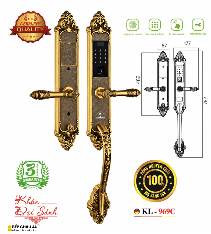Khóa Đại Sảnh Kassler KL-969C Đồng Nguyên Khối Mạ Vàng 18K – Khóa Vân Tay 300 Người Dùng, Thiết Kế Hoàng Gia